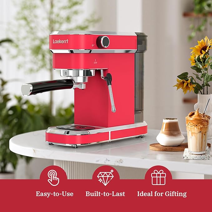 Espresso Machine 20 Bar, Professional Espresso Maker with Milk Frother Steam Wand, Compact Coffee Machine with Removable Water Tank for Cappuccino, Latte, Gift for Dad or Mom, Stainless Steel, Red