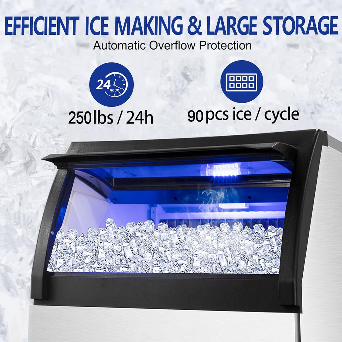 Commercial Ice Maker 250Lbs/24H Under Counter Ice Machine with 77Lbs Storage Bin, 90 Ice Cubes in 11Min, Stainless Steel Freestanding Ice Making Machine for Business, Water Filter and Scoop Included