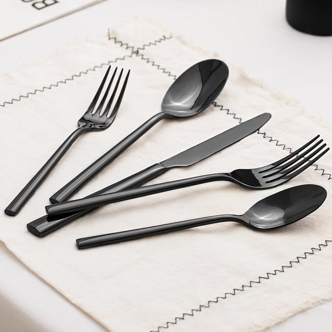 KINGSTONE Black Silverware Set, 60-Piece Forged Flatware Set Cutlery Set Premium Stainless Steel, Service for 12, for Kitchen, Home, Wedding, Party, Mirror Polished and Dishwasher Safe