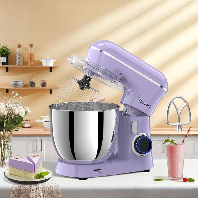 Honinst Stand Mixer, 6.5QT 10-Speed Tilt-Head Electric Stand Mixer, 3-In-1 Kitchen Mixer with Bowl, Dough Hook, Whisk and Beater, Food Mixer for Baking, Cake and Most Home Cooks, Purple