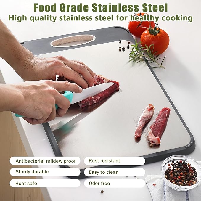 GUANCI Cutting Board for Kitchen 2-in-1, Stainless Steel & Wheat Straw PP Double-Sided Chopping Board,non toxic Chopping, Easy to Clean, Ideal for Meat, Vegetables and Fruits