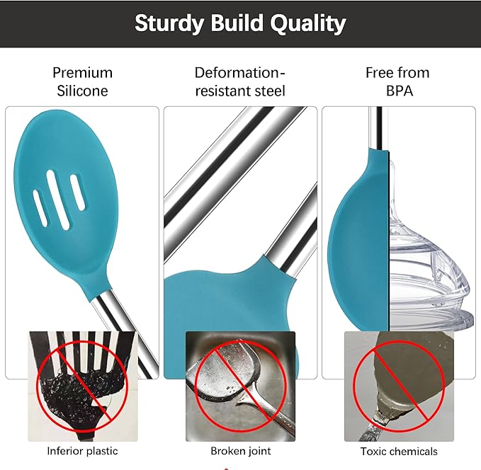 Silicone Spatula Spoon Set, 4 PCS Silicone Cooking Utensils Spatula Spoon Set with Stainless Steel Handle, BPA Free Kitchen Turners for Frying, Mixing, Serving, Draining, Turning, Stirring, Blue