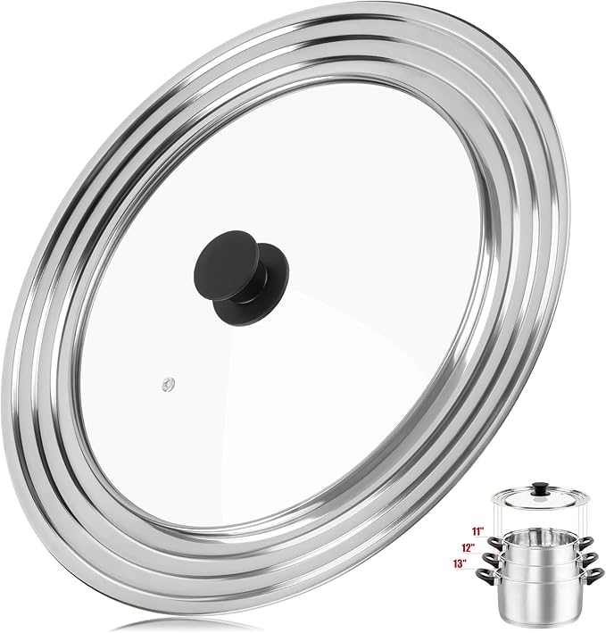 Pan Lid Fits 11, 12 & 13 Inch Cookware, Universal Lid for Pots, Pans and Skillets,Replacement Frying Pan Cover with Tempered Glass Top, Stainless Steel Cast Iron Skillet Lids - Heat Resistant Handle