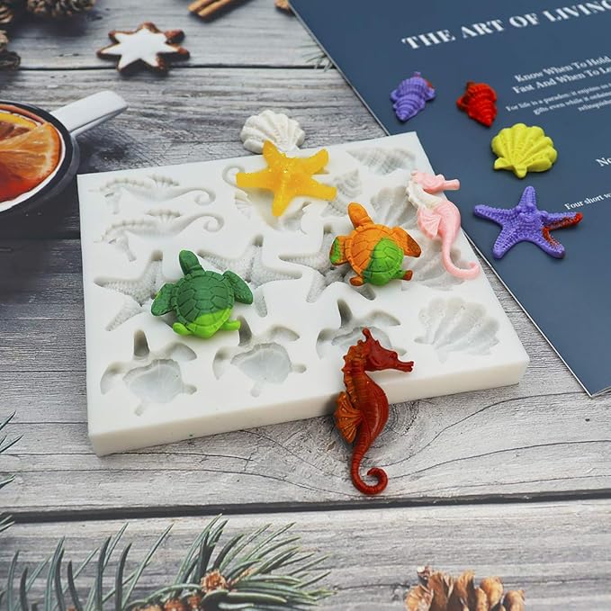 Sakolla Marine Theme Fondant Silicone Molds, Seashell, Conch, Seahorse, Starfish, Tortoise Silicone Mold for Cake Decoration, Chocolate Candy Sugar Craft