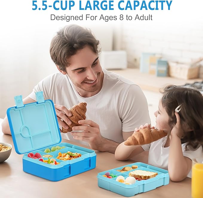 Kids Bento Lunch Box with Ice Pack, 5 Compartments Leak-Proof Bento Box with Utensils, 5.5-Cup Capacity for Adults & Ages 8+, BPA Free, Microwave & Dishwasher Safe, Blue