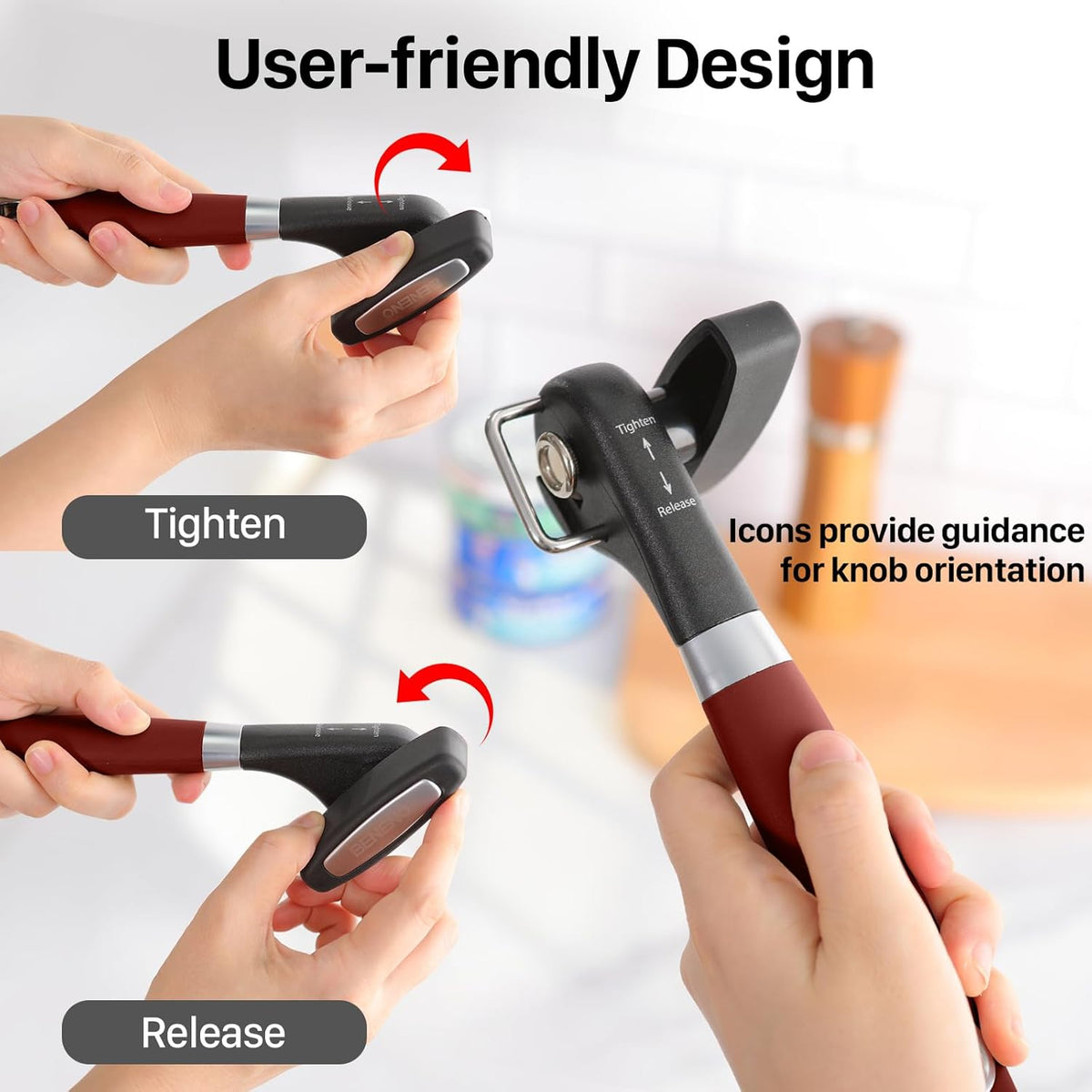 Beneno Can Opener, Manual Side Safe Cut Can Opener Smooth Edge with Durable Sharp Blade, Effort-Saving Knob & Comfortable Non-slip Handle, Red