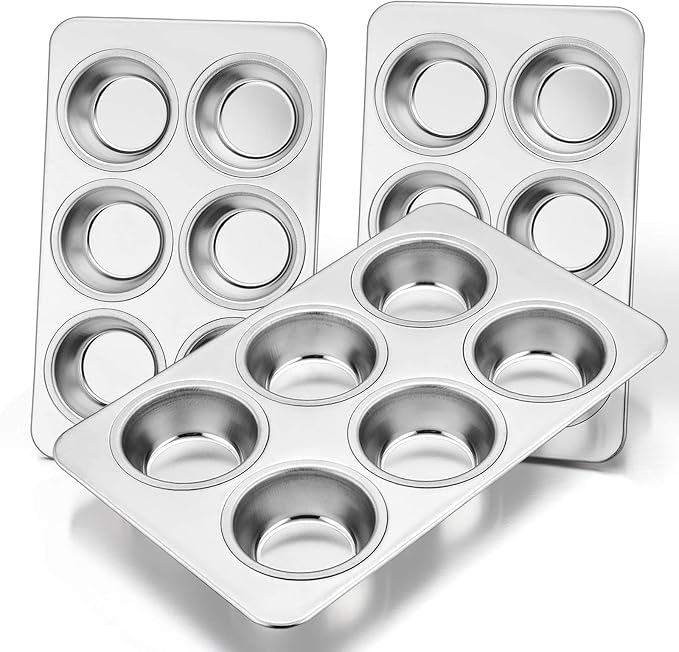 E-far Muffin Pan Set of 3, Stainless Steel Muffin Pan Tin for Baking, 6-Cup Metal Cupcake Pan Tray, Non-toxic & Healthy, Oven & Dishwasher Safe, Regular Size - 11.44 x 7.12 x 1.25 inch