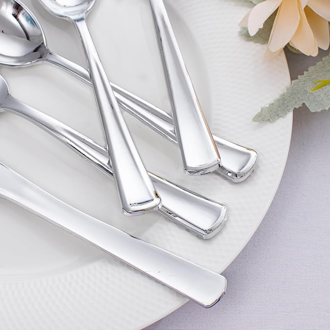 WDF 500PCS Silver Plastic Silverware - Plastic Silver Utensils - 250 Forks, 125 Spoons, 125 Knives, Heavy Duty Disposable Silverware Sets for Parties, Wedding, Christmas
