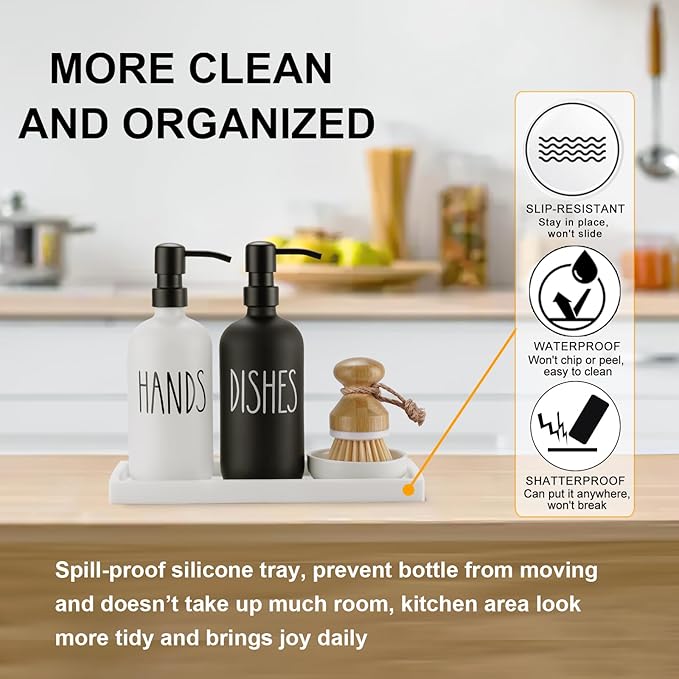 Glass Soap Dispenser for Kitchen, Farmhouse Dish Soap Dispenser&Hand Soap Dispenser Set,Rustproof Pump Soap Lotion Dispenser Set with Tray and Dish Brush,Kitchen Decor(Black&White)