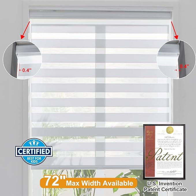Persilux Zebra Blinds for Windows, Cordless Roller Shades Window Treatments (21" W x 64" H, White) Light Filtering Dual Layer Roller Window Shades Light Filtering Sheer Shades for Home and Office