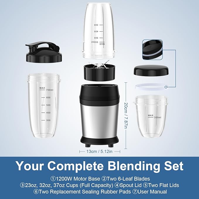 Colarlemo 12-Piece Smoothie Blender Maker 25,000 RPM Personal Blender for Ice Crushing Smoothies & Frozen Drinks Nuts with 23oz, 32oz, 37oz Portable Cups Two 6-Leaf Stainless Steel Blades, Silver
