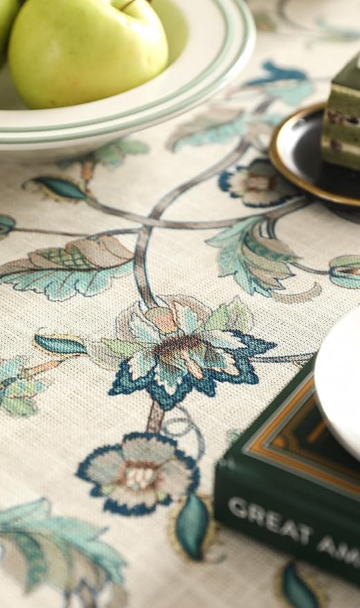 patdrea Designer Green Small Linen Table Cloth for Rectangle Table,Vintage Floral Pattern Durable Extra Long Tablecloth,French Decor for Kitchen Dining,Christmas,Thanksgiving,Party,67"x118"-Noah