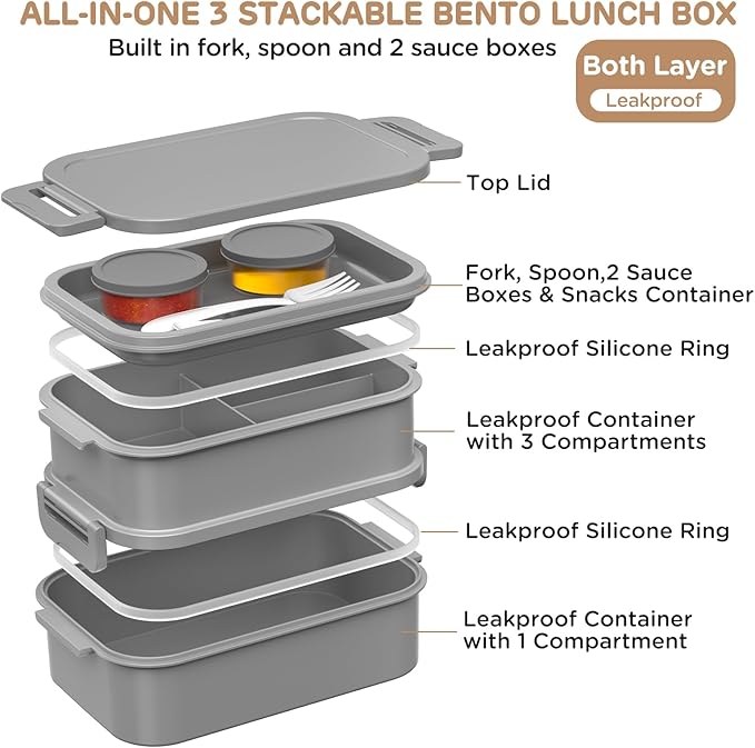 DaCool 2 Pack Adults Lunchbox Bento Box 74 OZ Stackable Lunch Box for Kids Adults Men Women Teens Leakproof Bento Large Lunch Box Container with Fork Spoon Sauce Box for School Work,Grey,Morandi-Green