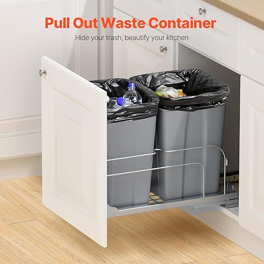 VEVOR Pull-Out Trash Can, 27 QT x2 Double Under Mount Kitchen Waste Container, Heavy Duty Garbage Recycling Bin with Door Kit and Soft Close Slide, for Kitchen Cabinet, Sink, Under Counter (Grey)