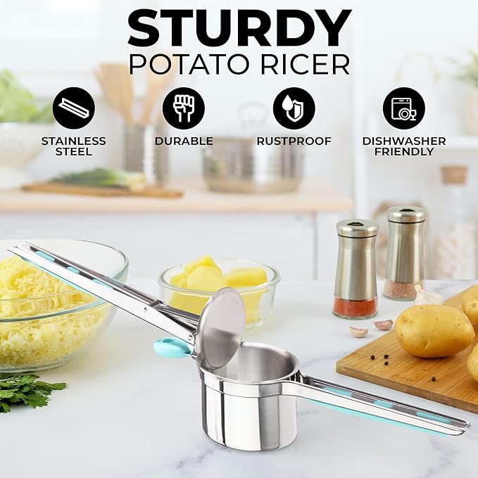 Zulay Kitchen Large 15oz Potato Ricer, Heavy Duty Stainless Steel Potato Masher and Ricer for Mashed Potatoes, Mashed Potato Masher & Potato Press Gadget for Perfect Mashed Potatoes - Turquoise