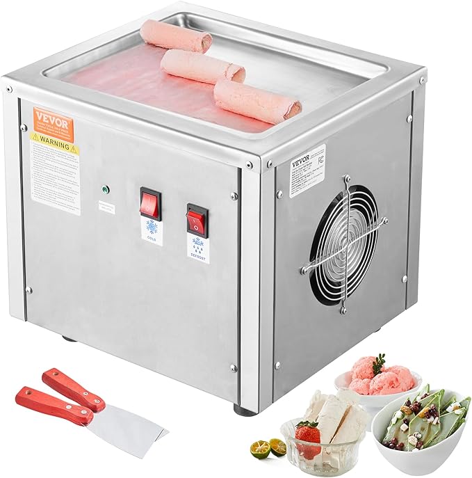 VEVOR Commercial Ice Roll Maker,Stir-Fried Yogurt Cream Machine 220W, Ice Cream Roll Machine with 9.4" x 11" Square Pan, Button Defrost Method with Food Shovels Perfect for Bars,Cafes Dessert Shops