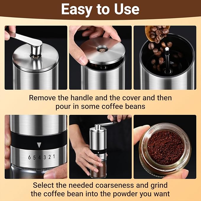 Ceramic Burr Manual Coffee Grinder with 6 Adjustable Coarseness Settings for Espresso Beans French Press Pour Over Drip Stainless Steel Hand Crank Coffee Mill for Home Use or Travel Camping
