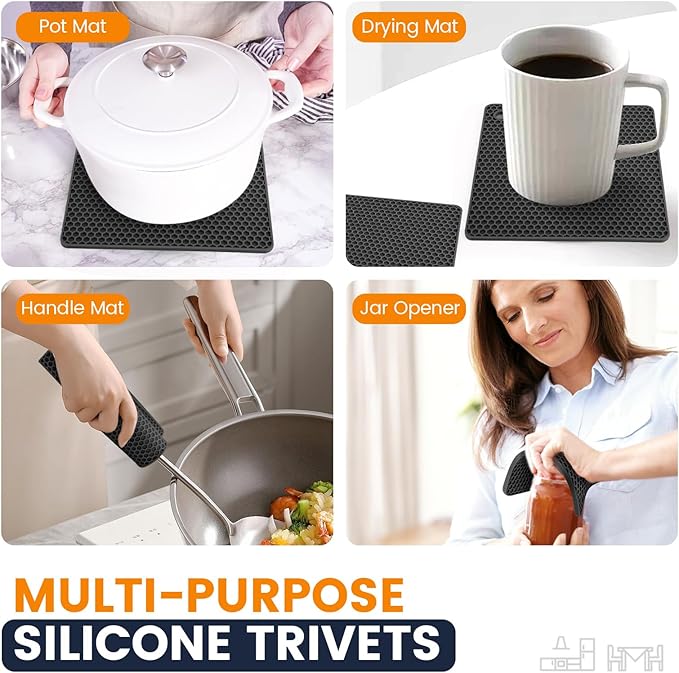 Silicone Trivet Mats 4 Heat Resistant Pot Holders Multipurpose Non-Slip Hot Pads for Kitchen Potholders, Drying mat, Jar Opener, Spoon Holder, Coaster.(Dark Black)