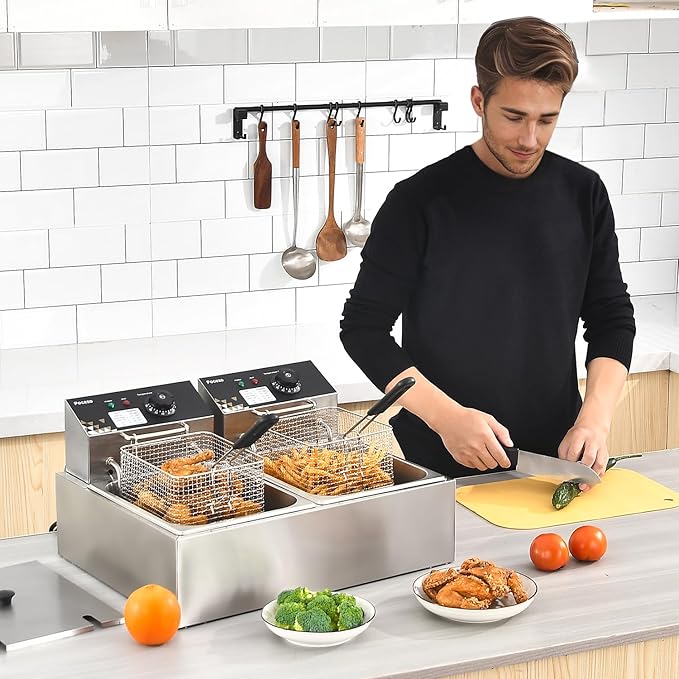 Electric Deep Fryer 17.2L/18.2QT Stainless Steel Dual Tank Commercial Fryer with Basket, 3400W 110V Countertop Deep Fryer for Home Kitchen and Restaurant Use with Oil Thermometer & Temperature Control