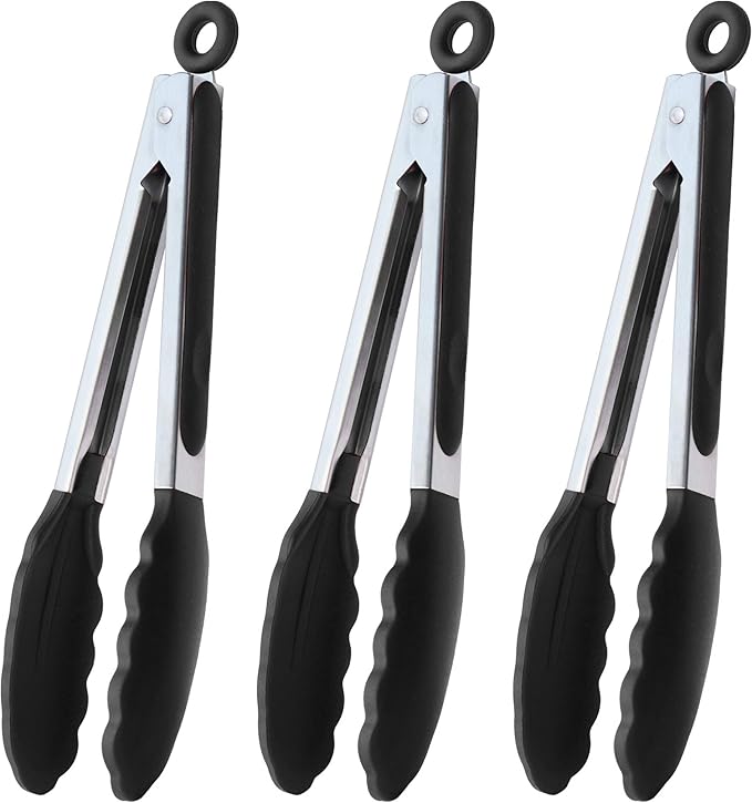 Serving Tongs 9-Inch Cooking Tongs with Silicone Tips, Set of 3 (Black)