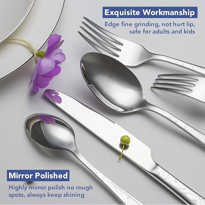 40 Piece Silverware Set Service for 8, EIUBUIE Premium Stainless Steel Cutlery Set, Mirror Polished Flatware Sets with Pattern Handle, Modern Kitchen Eating Utensils Sets Include Spoons Forks Knives