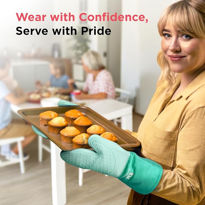 Kitchen Mama UltraShield Silicone Oven Mitts – Heat Resistant, Non-Slip Surface, Durable, Safe, Pot Holders, Flexible Waterproof Glove Set, Perfect for Cooking, Baking, Grilling, BBQ (Teal)