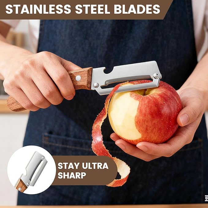Multi-Functional Vegetable Peeler for Kitchen with Wooden Handle and Bottle Opene, Non-Slip Ergonomic Handles, Stainless Steel Blade Kitchen Tool for Vegetables or Fruits that Need to Be Peeled