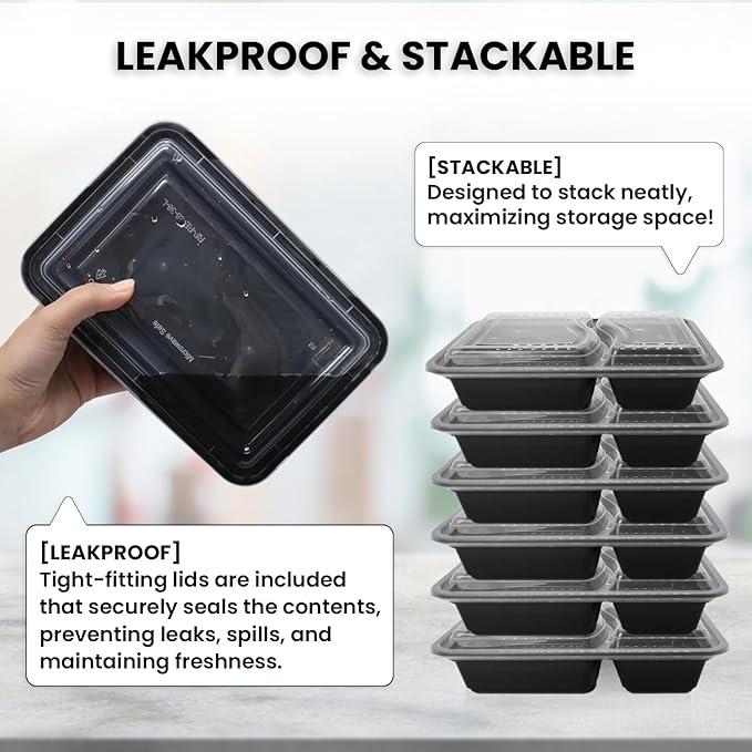 Klex 32 Oz, 150 Sets 2 Compartment Meal Prep Containers with Airtight Lids, BPA Free, Reusable Plastic Food Container, 32 oz, Rectangular, Black/Clear, 150 Sets
