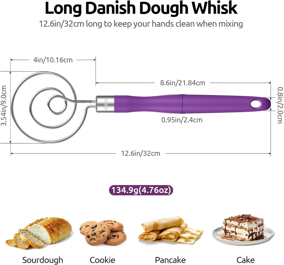 U-Taste 12.6in Danish Dough Whisk: 18/8 Stainless Steel Heavy-Duty Sourdough Mixer Tool, Food Grade Dutch Style Seamless Bread Wisk, Sturdy for Mixing, Stirring, Kneading Thick Batter (Purple)