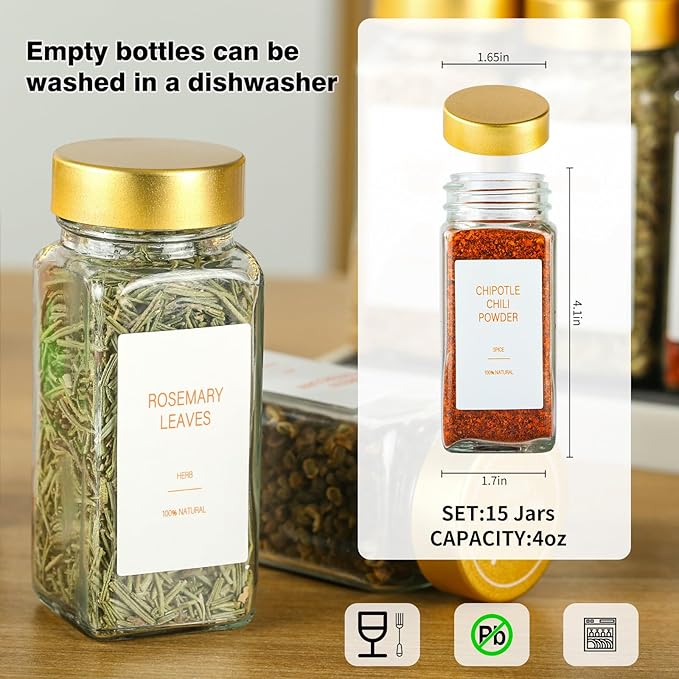 Gold Spice Jars with Label，4oz Seasoning Containers, Glass Spice Bottles with Shaker Lids,Funnel, Chalk Pen for Cabinet，Drawer，Rack(24)