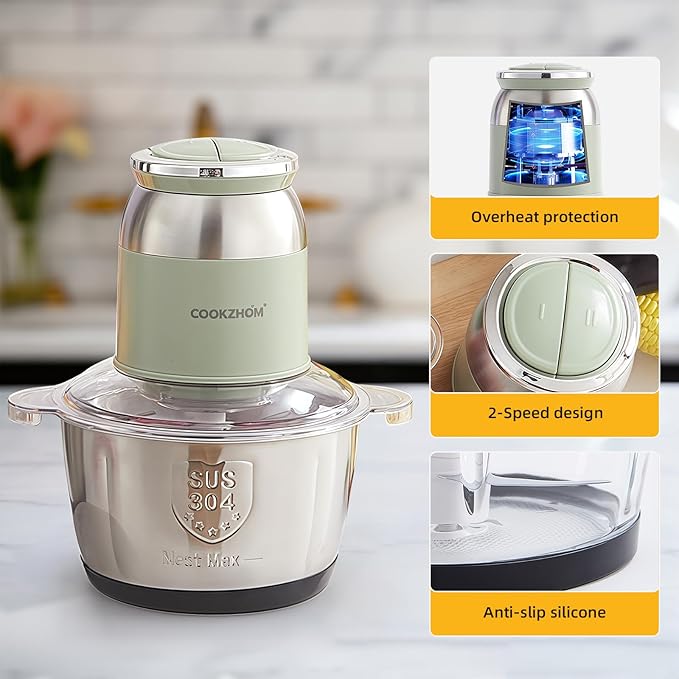 Green Food Processor,500W Electric Meat Grinder with 8 Cup Stainless Steel Bowl and 4 Sharp Blades, Food Chopper & Vegetable Chopper for home use,Meat Processor, Vegetables, Fruits and Nuts