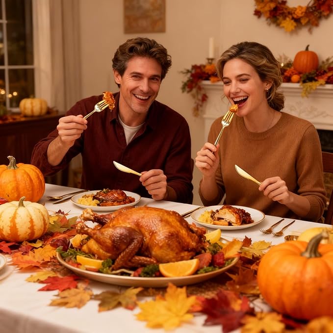 Rubtlamp 90Pcs Gold Plastic Silverware, Gold Disposable Thanksgiving Utensils, Plastic Cutlery Include 30 Plastic Knives, 60 Forks and Spoons, Fancy Plastic Silverware Heavy Duty for Thanksgiving