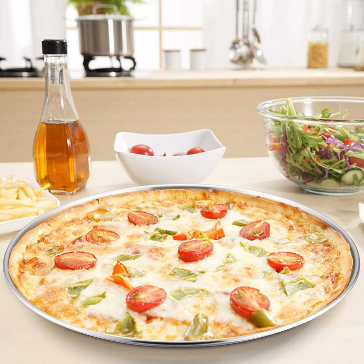 P&P CHEF Pizza Pan Bakeware for Home Kitchen, Stainless Steel Pizza Tray for Baking Pizza, Healthy & Reusable & Easy Clean, Oven & Freezer Safe, 13.5 Inch & Silver