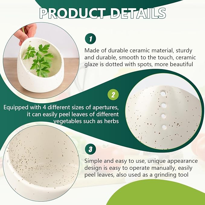 Pottery Herb Stripper Bowl, Handmade Ceramic Herb Peeling Bowl, for Separating Leaves and Stems (White)