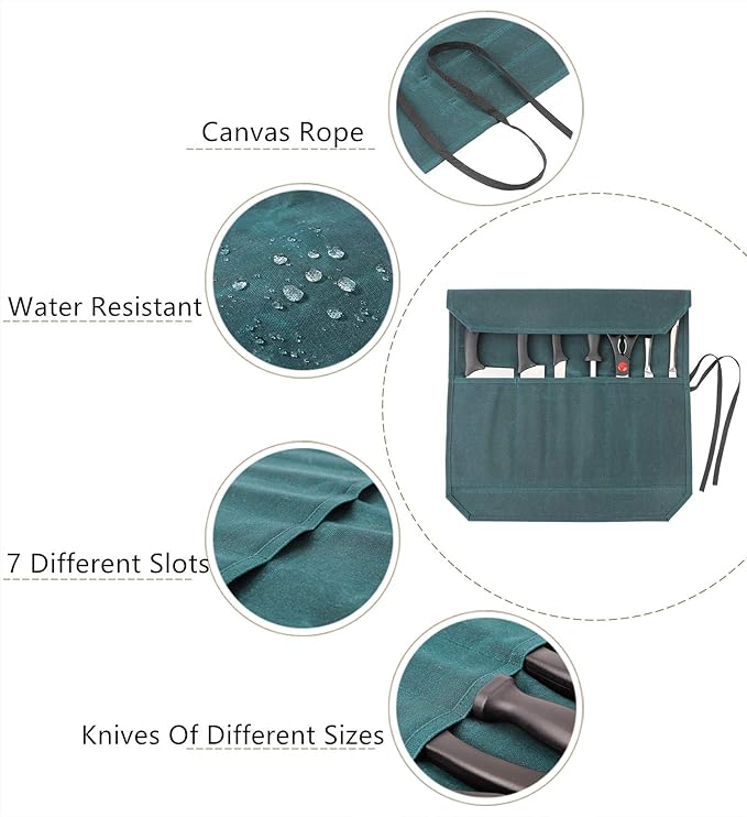 Denifiter Heavy Duty Waxed Canvas Chef Knife Storage Roll Bag With 7 Slots, Waterproof And Durable (Dark Green)