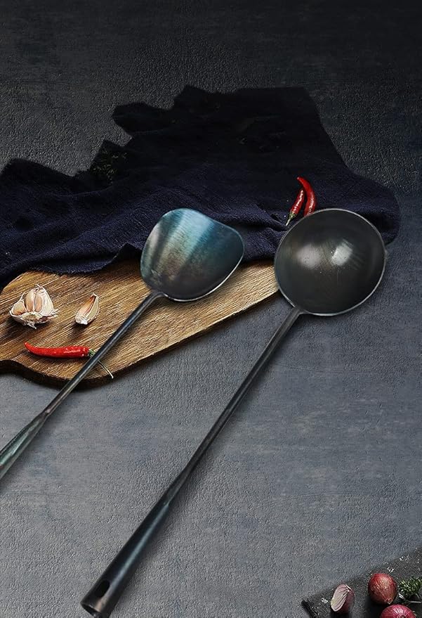 ZhenSanHuan Chinese Traditional HandMade Iron Spatula & Ladle Wok Tool Set,Long wok utensils (Ladle and Spatula Set)