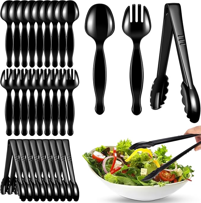 30 Pcs Disposable Black Plastic Serving Utensils,10 Set Including 9" Plastic Serving Spoons, Forks and Tongs for Dinner Parties, Buffets,Banquets, Events, Weddings, and Daily Use