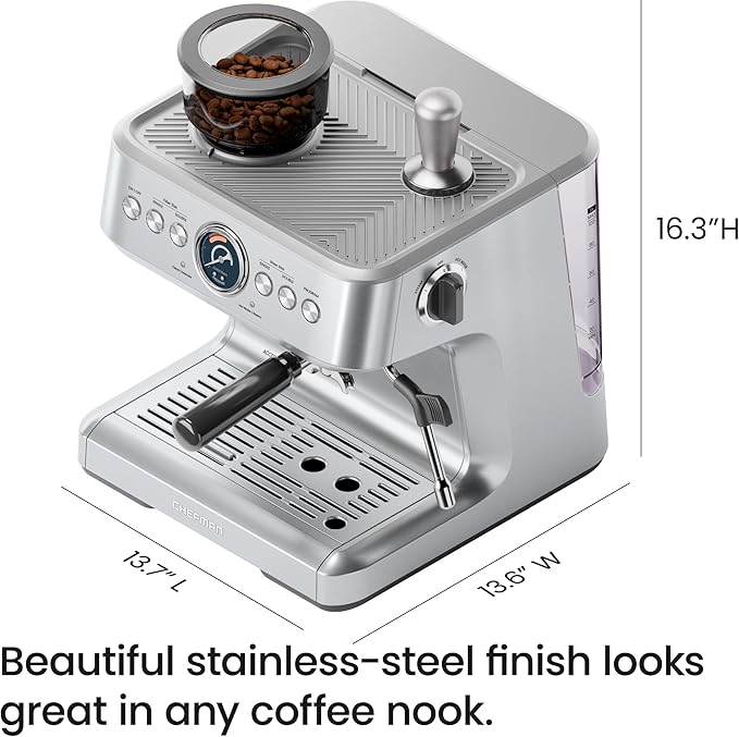 Chefman Crema Supreme 15 Bar Espresso Machine with Milk Frother, Barista Steam Wand, Professional Coffee Maker with Coffee Grinder, 30 Grind Settings, 3L Removable Water Tank - Stainless Steel