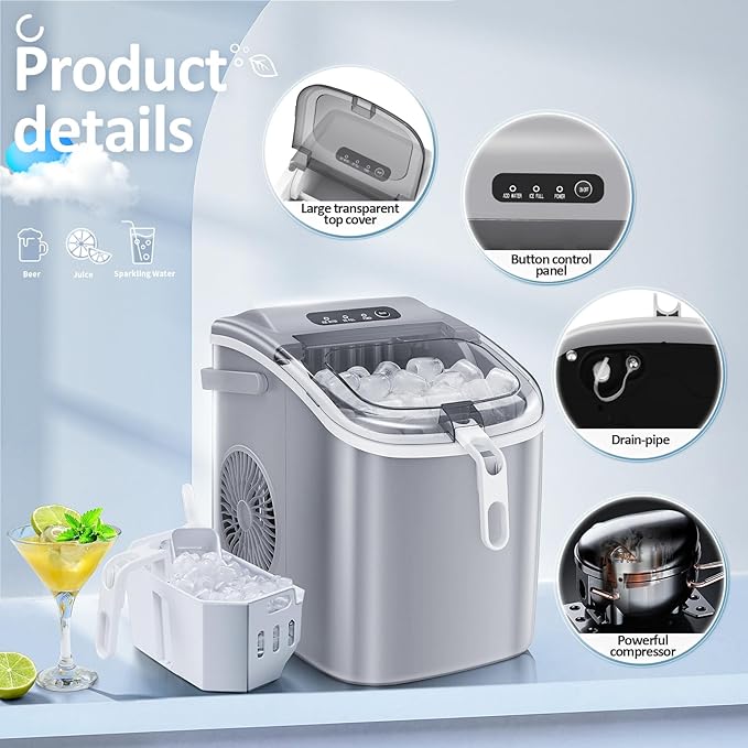 Antarctic Star Ice Maker Machine Countertop,Portable Automatic 9 Ice Cubes Ready in 8 Minutes,Makes 26 lbs of Ice per 24 Hours,Self-Clean,See-Through Lid for Home/Bar/Party (Stainless Steel)