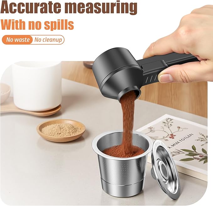CAPMESSO Coffee Scoop & Funnel for Reusable K Cup Refillable Coffee Pods: 2 Tablespoon Coffee Measuring Scoop - Easy Slide Scoop for Ground Coffee, Protein Powder, Tea without Spilling (2 Pack)
