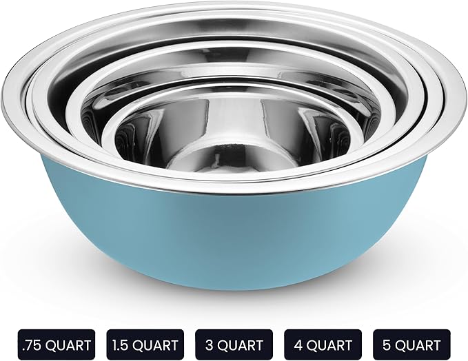 WHYSKO Stainless Steel Mixing Bowl Set, 10 Piece Stainless Steel Mixing Bowls with Lids Set for Food Prep Storage and Serving, Dishwasher Safe for Kitchen Baking Cooking, Light Blue