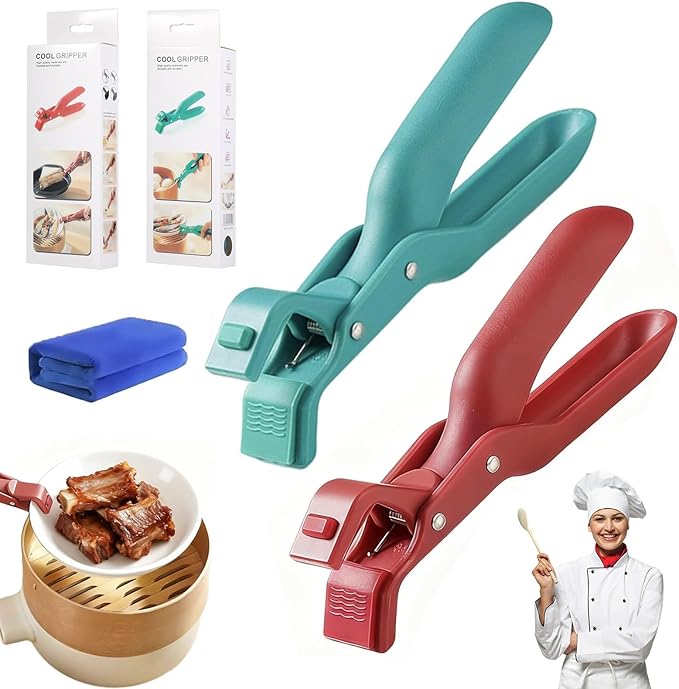 2Pc Hot Plate Gripper Tongs, Silicone Non-Slip Kitchen Utensil, Heat Insulation Anti-Scald Bowl Holder Clip for Cooking (Red + Green)