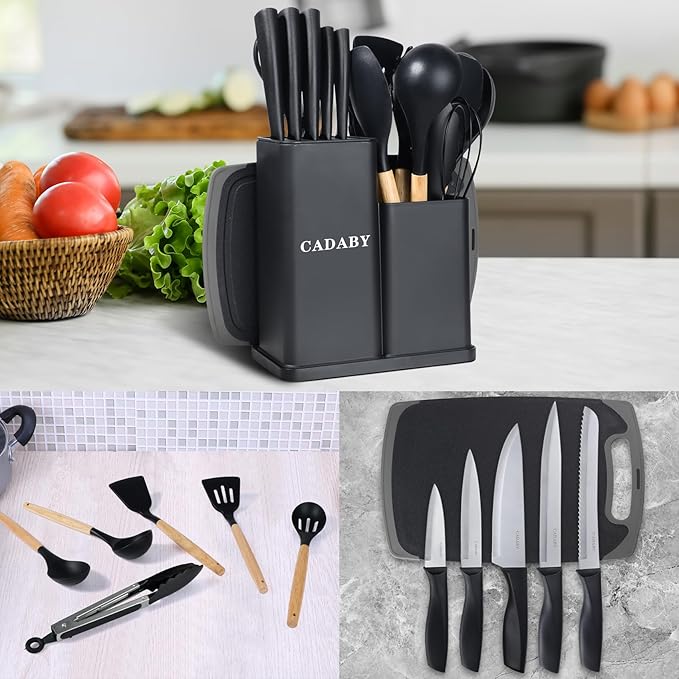 19 PCS Kitchen Cooking Utensils Set, 11 Pieces Silicone Cooking Utensils Set 6 Pieces Sharp Stainless Steel Black Knife Set with 1 Piece Cutting Board, Ideal for Apartment