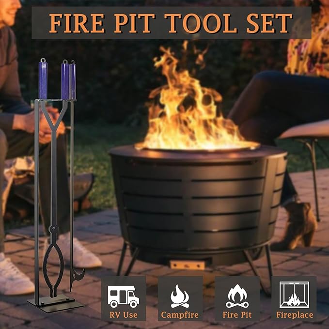 Heavy Duty Fire Pit Tools Set with 40" Fire Poker and Log Grabber Wrought Iron Large Fireplace Tool Set with Metal Stand,Solid Steel Firewood Grabber for Campfire Backyard Bonfire Indoor&Outdoor Use