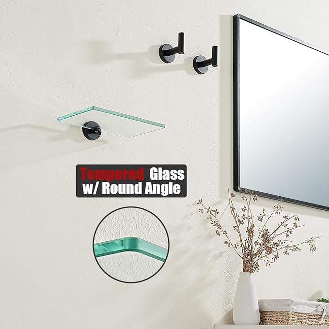JQK Bathroom Glass Shelf Black, Tempered Glass Shower Storage 8 by 5 inches, 304 Stainless Steel Matte Black Wall Mount 2 Pack, TGS101L8-PB-P2