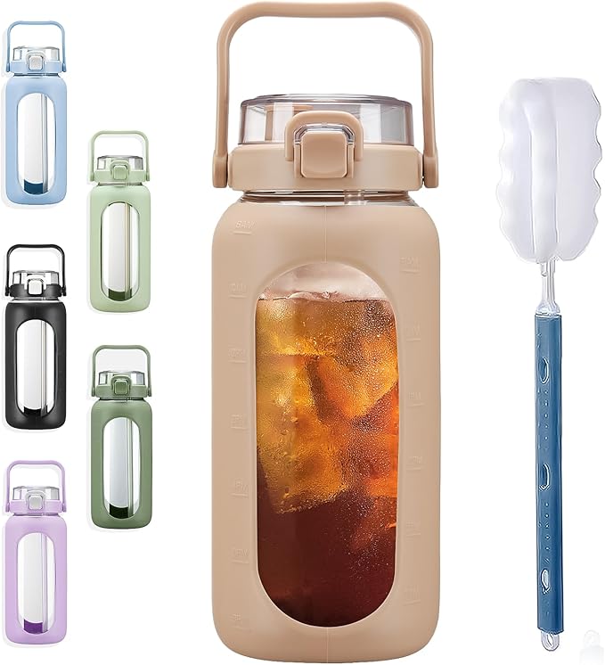 BLUEGO 64oz Glass Water Bottles with Straw Time Marker Half Gallon Large Motivational Water Bottle with Silicone Sleeve 2 Liter Large Glass Water Jug for Gym, Sports& Workout, Daily, Amber