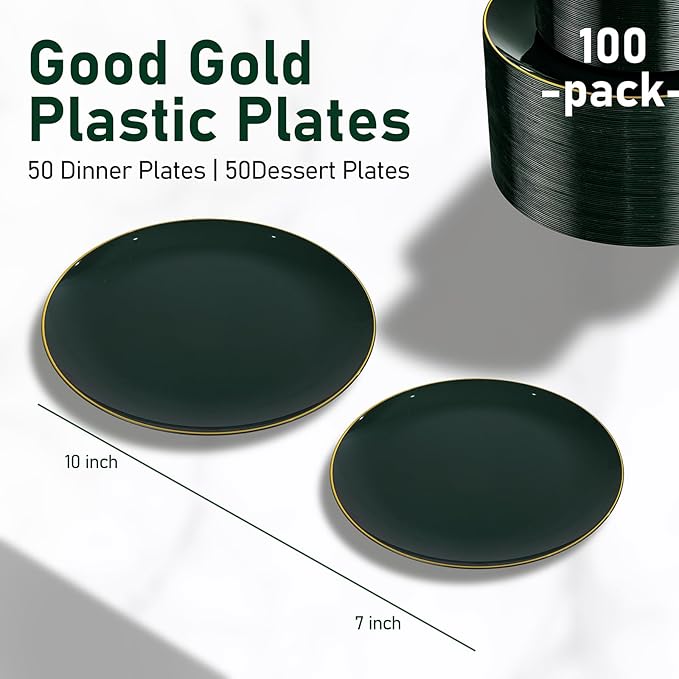 bUCLA 100PCS Green Plastic Plates - Heavy Duty Green Disposable with Gold Rim Include 50 Dinner 10 inch & 50 Dessert 7 inch Plates, Ideal for Party & Christmas