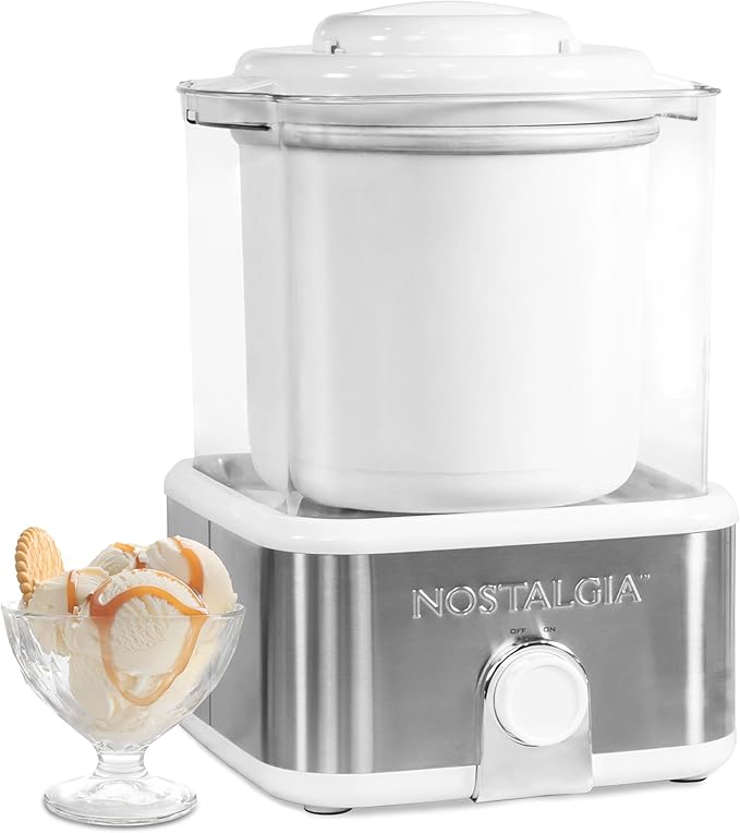 Nostalgia Electric Ice Cream Maker with 2-Qt Double Insulated Gel Canister & Stainless Steel Base - Makes Sorbet, Soft Serve, and Frozen Yogurt - White
