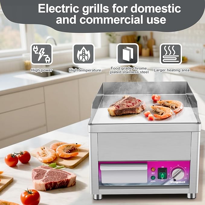 Mvegoiuok Commercial Electric Griddle 14 Inch Stainless Steel Table Top Griddle 1800W Indoor Grill Electric Flat Top Grill Smokeless