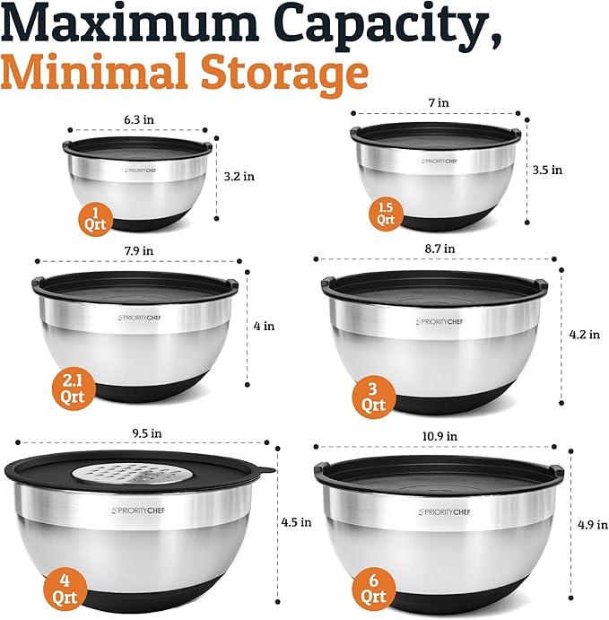 Priority Chef 6Pc Large Mixing Bowls With Lids Set with Non-Slip Bases, Stainless Steel Mixing Bowl Set, 6 Airtight Lids and 3 Graters, Black